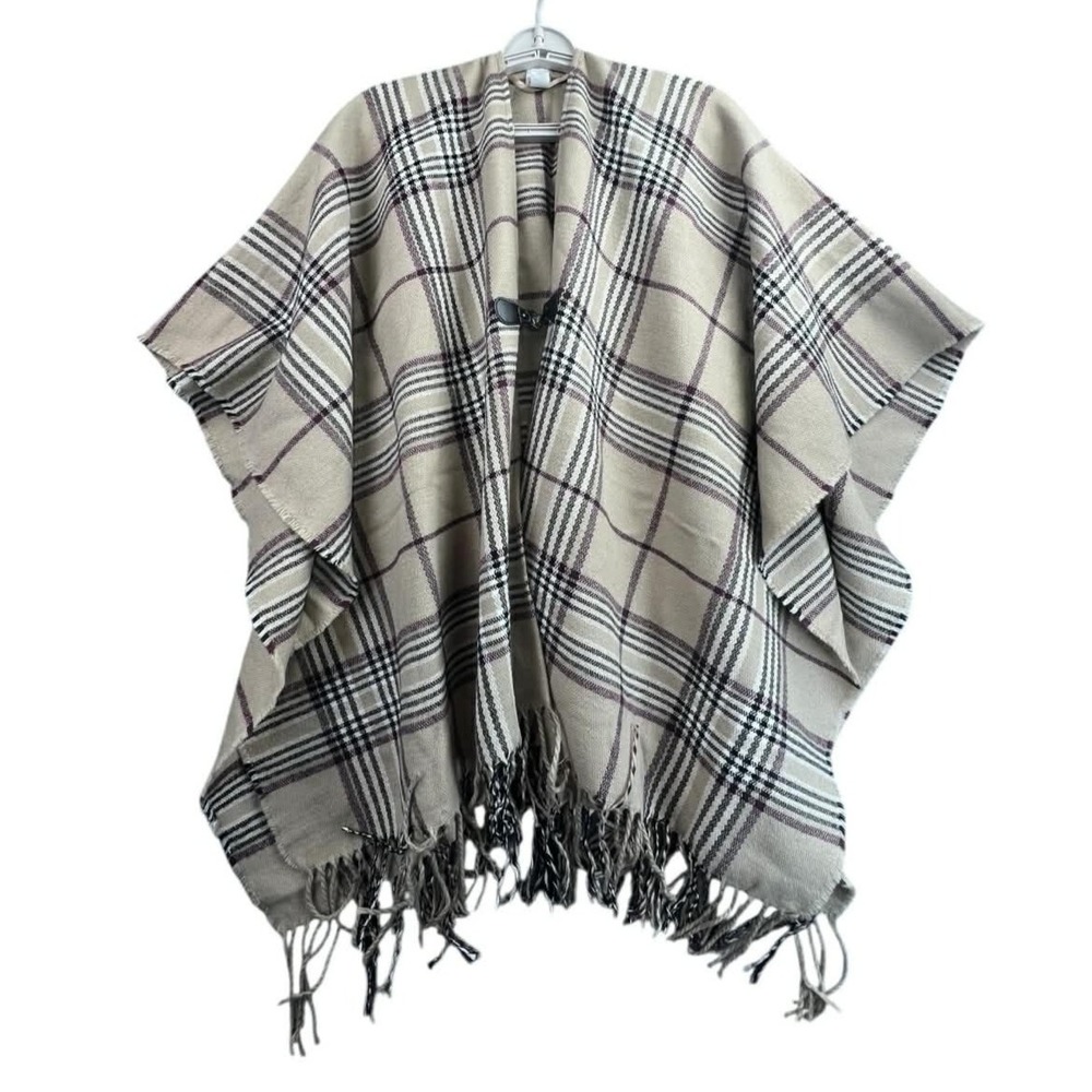 Womens Plaid Poncho Cape Shawl Toggle Closure Fringe Tan Brown‎ One Size Acrylic